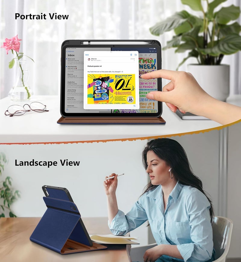 DTTO for iPad A16 Case, iPad 11th / 10th Generation Case (2025/2022), 360 Degree Rotating Premium Leather Folio Stand Cover with Pencil Holder, Navy Blue - Image 3